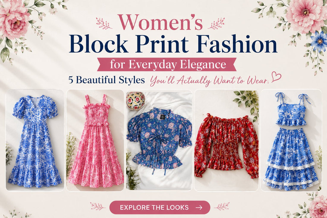 Women's block print fashion for everyday elegance featuring five stylish handcrafted outfits including block print dresses, tops, and coord sets.