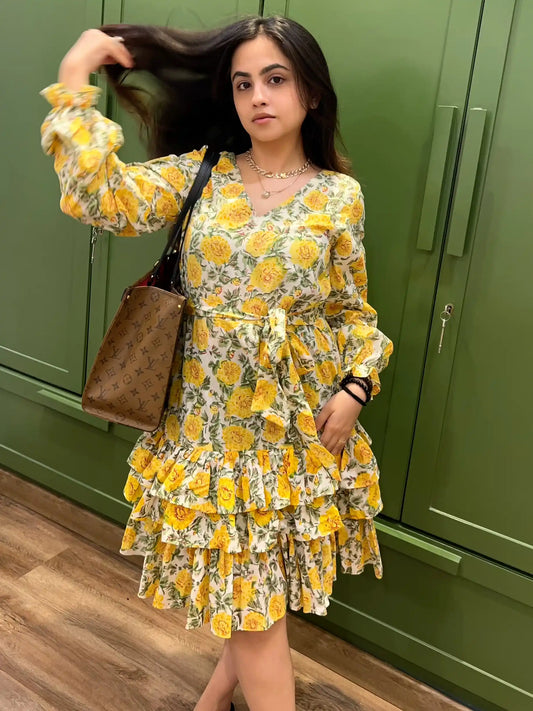Frill Trimmed Yellow Floral Dress