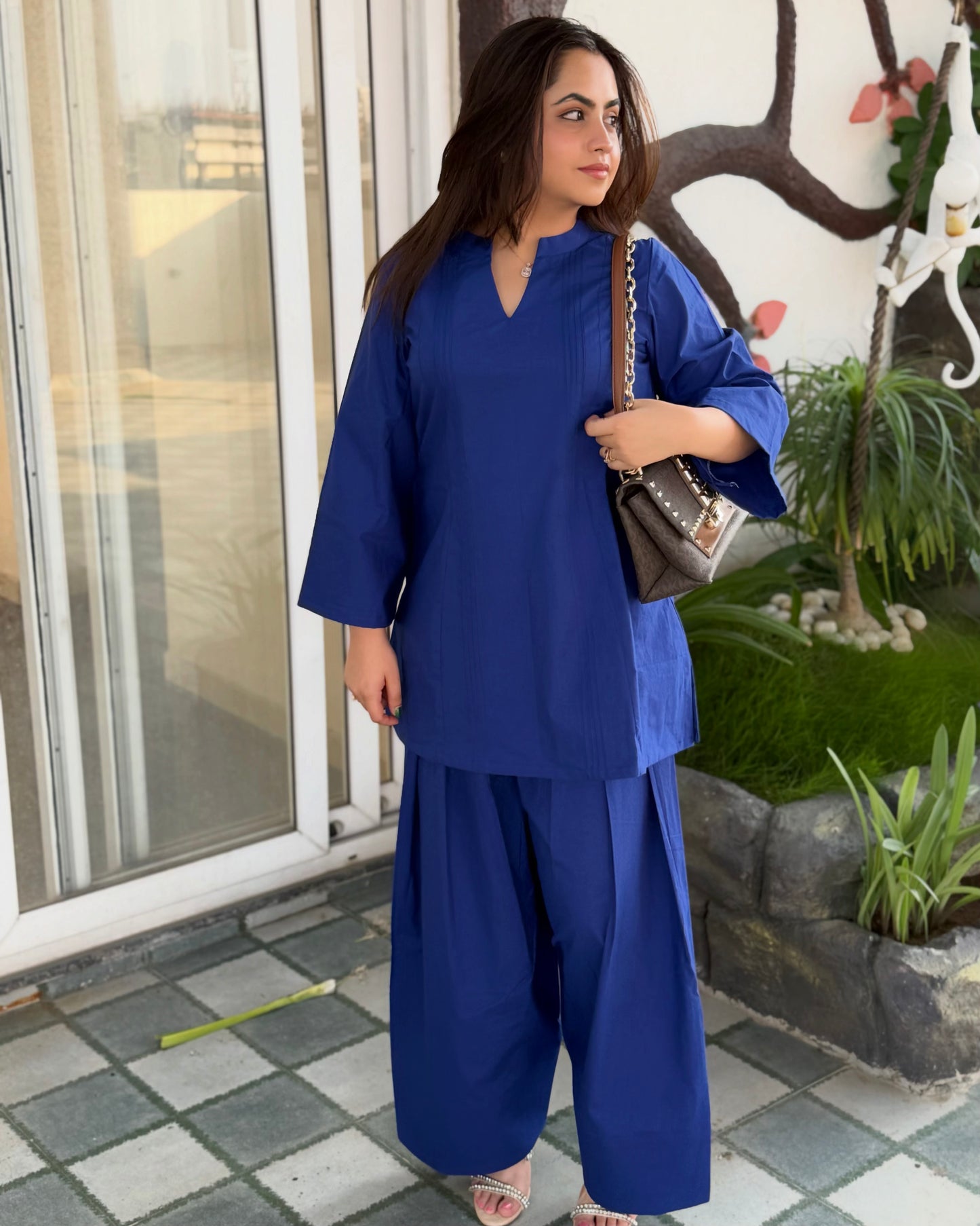 Deep Blue Collar Farsi Salwar Set With Pockets