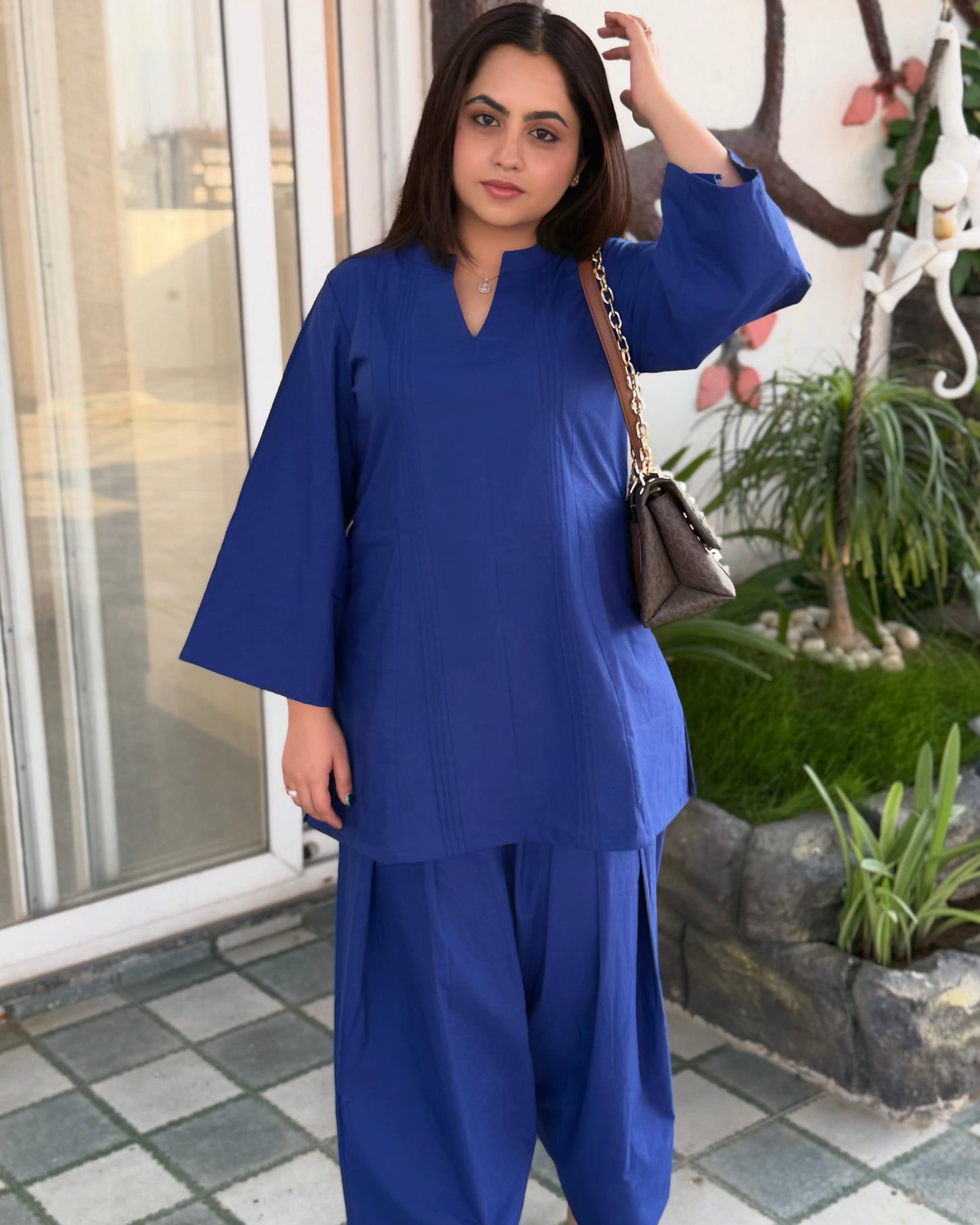 Deep Blue Collar Farsi Salwar Set With Pockets
