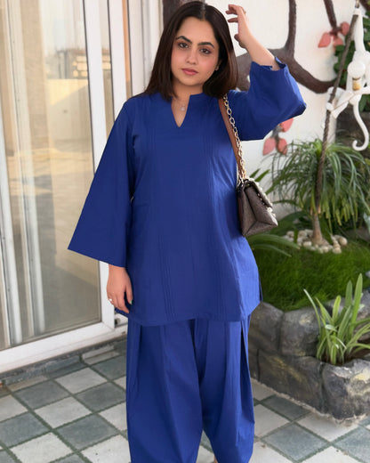 Deep Blue Collar Farsi Salwar Set With Pockets