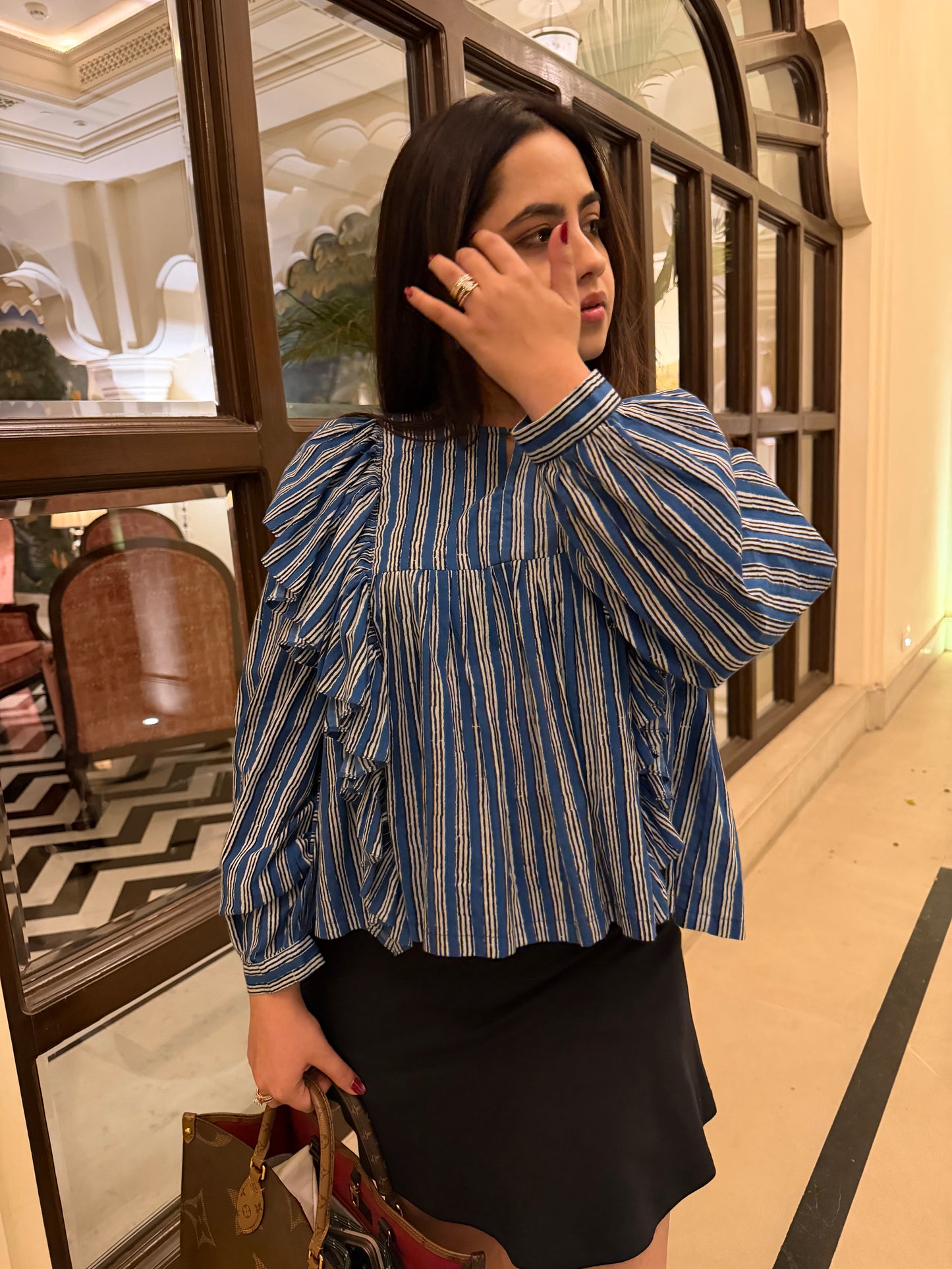 Blue Frill detailed cotton blouse