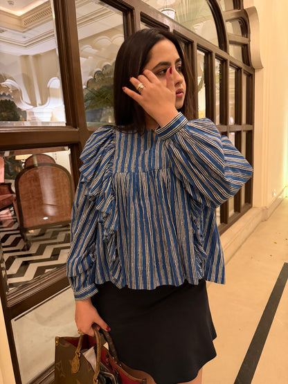 Blue Frill detailed cotton blouse