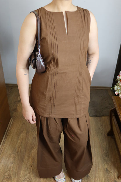 Espresso Brown Sleeveless Farsi Salwar Set With Pockets
