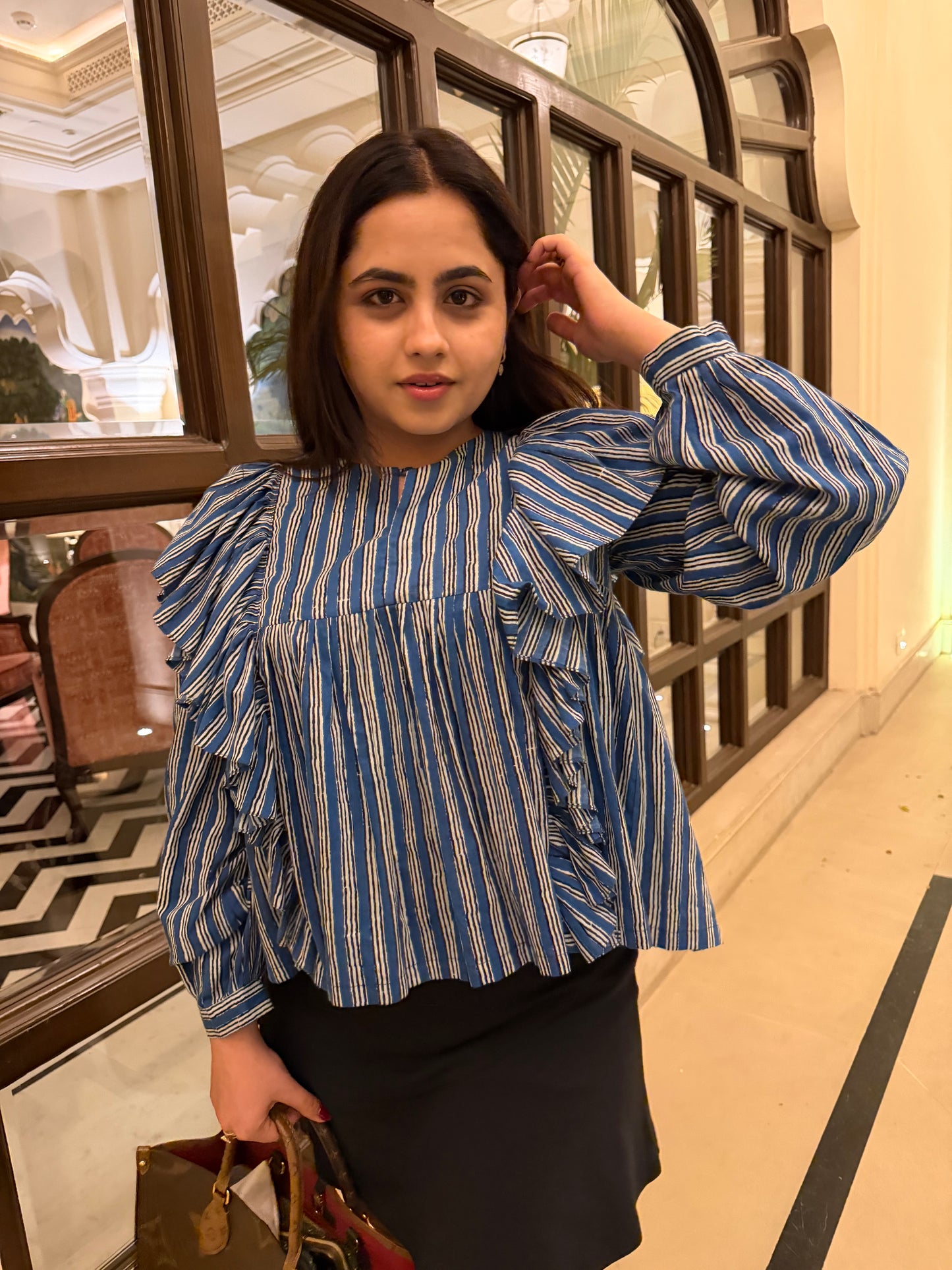 Blue Frill detailed cotton blouse
