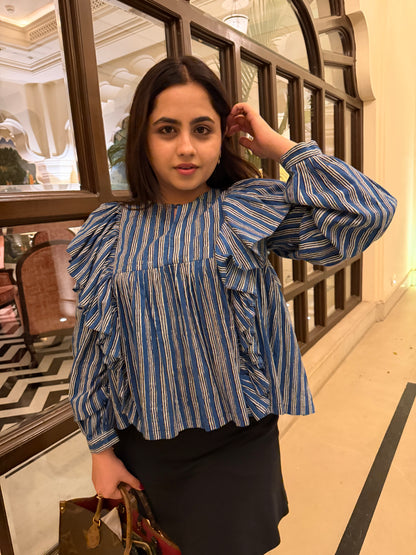 Blue Frill detailed cotton blouse