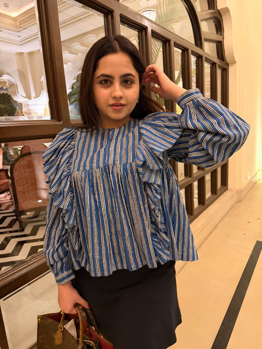 Blue Frill detailed cotton blouse
