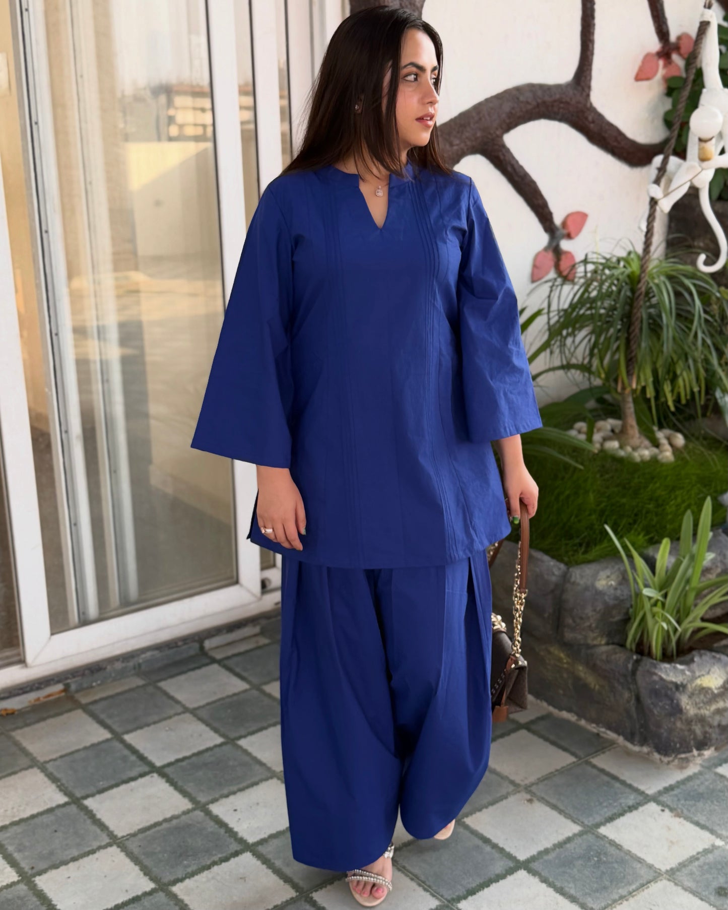 Deep Blue Collar Farsi Salwar Set With Pockets