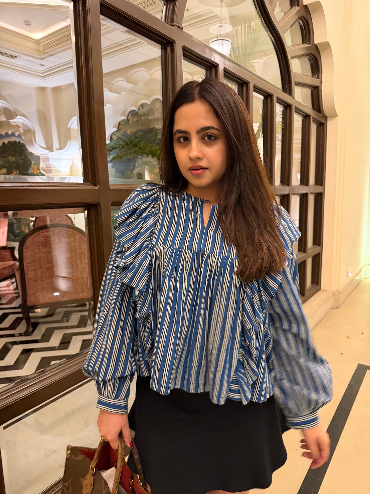 Blue Frill detailed cotton blouse
