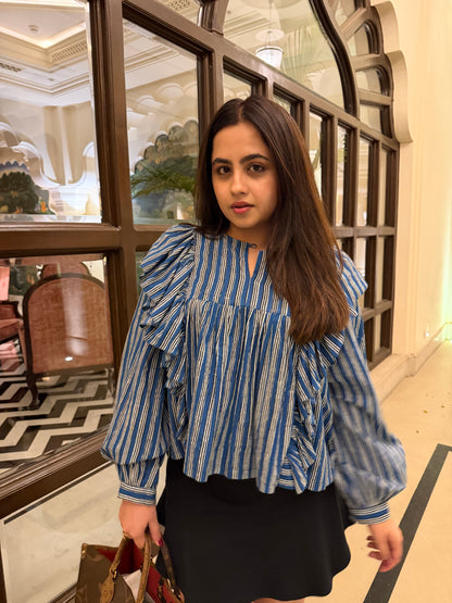 Blue Frill detailed cotton blouse