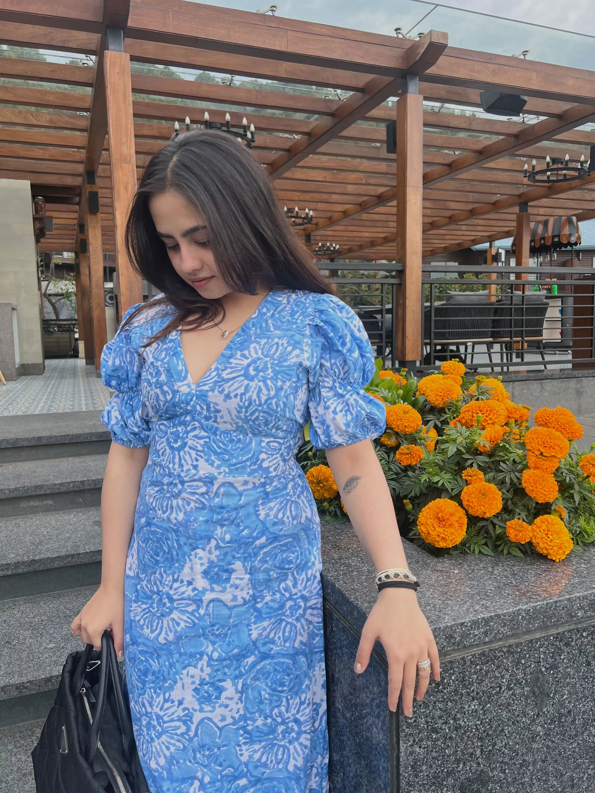 Blue Balloon Sleeved Cotton Midi Dress for Women
Women's Blue Floral Cotton Midi Dress
Hand Block Printed Blue Cotton Dress
