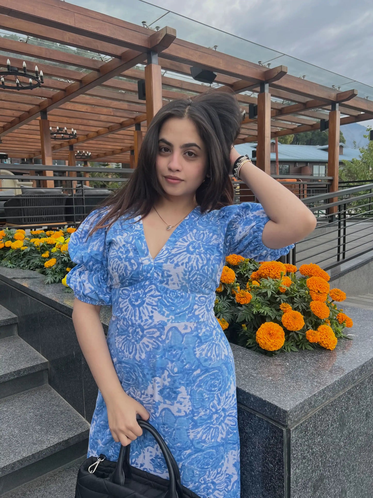 Women's Blue Floral Cotton Midi Dress