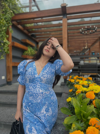 Hand Block Printed Blue Cotton Dress