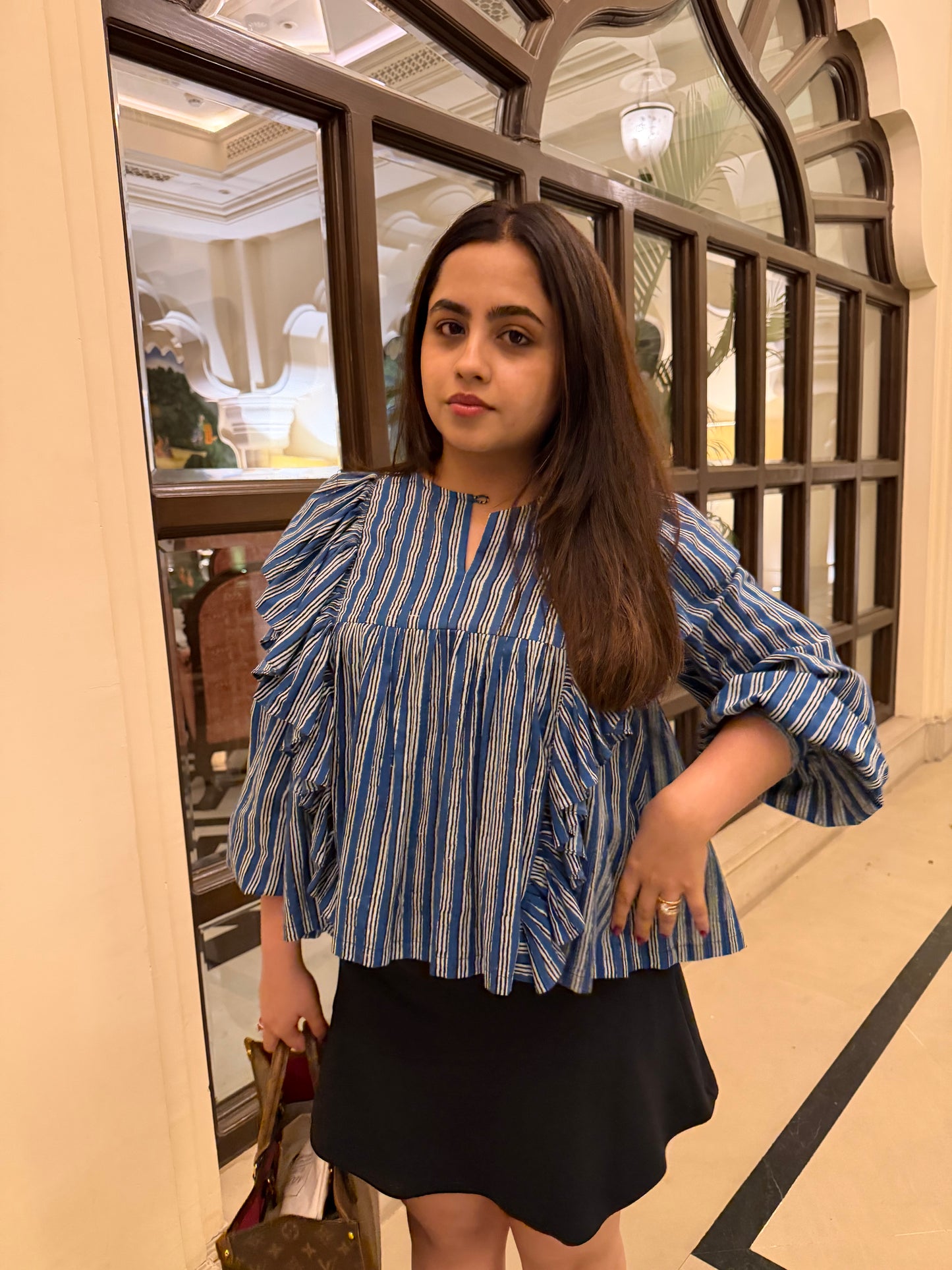 Blue Frill detailed cotton blouse