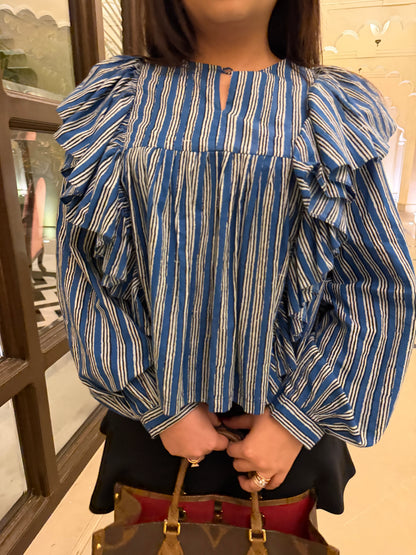 Blue Frill detailed cotton blouse