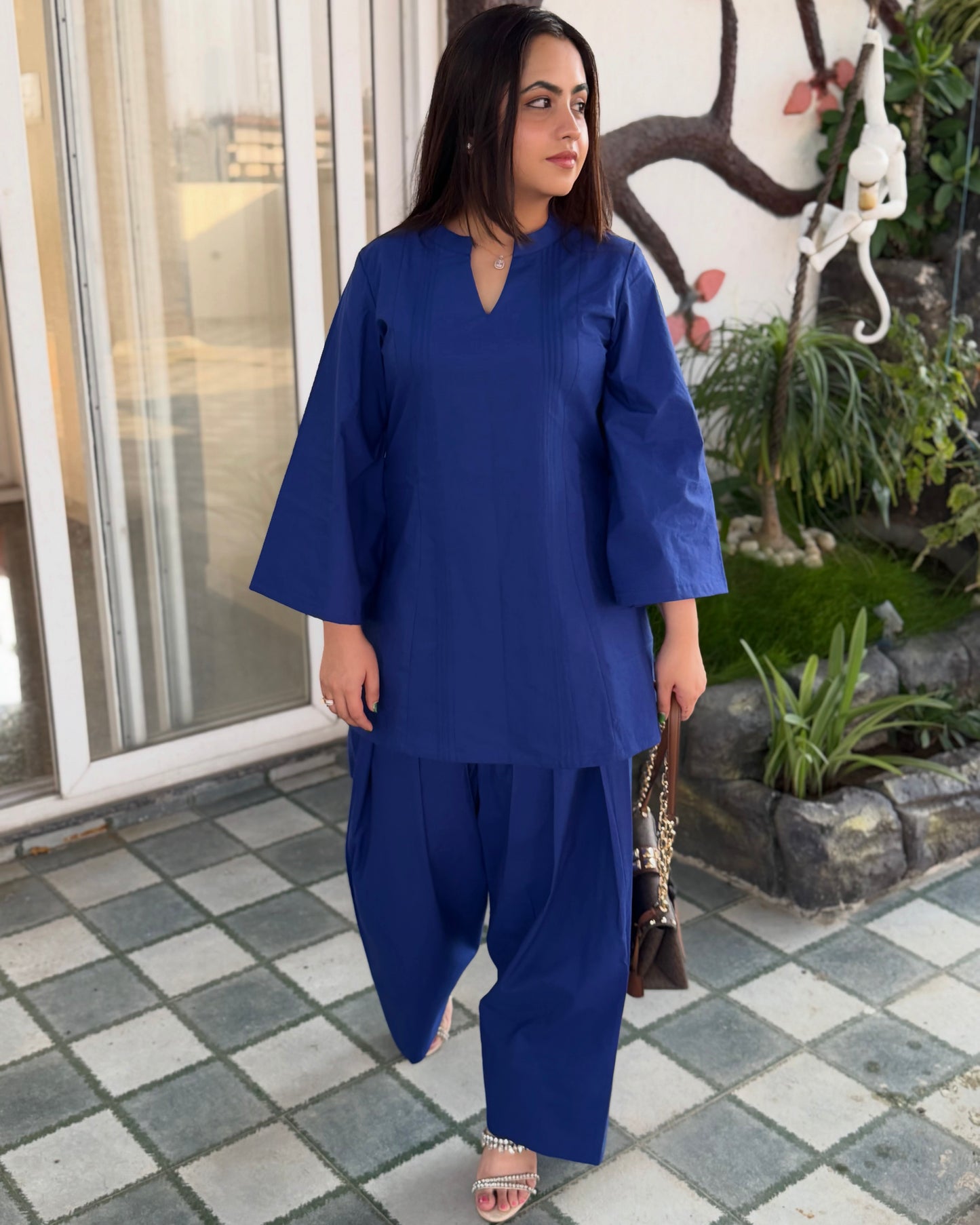 Deep Blue Collar Farsi Salwar Set With Pockets