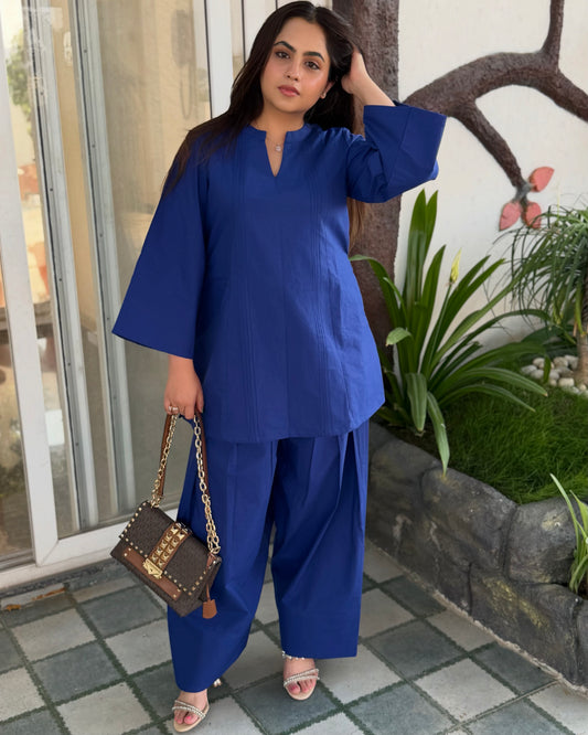 Deep Blue Collar Farsi Salwar Set With Pockets