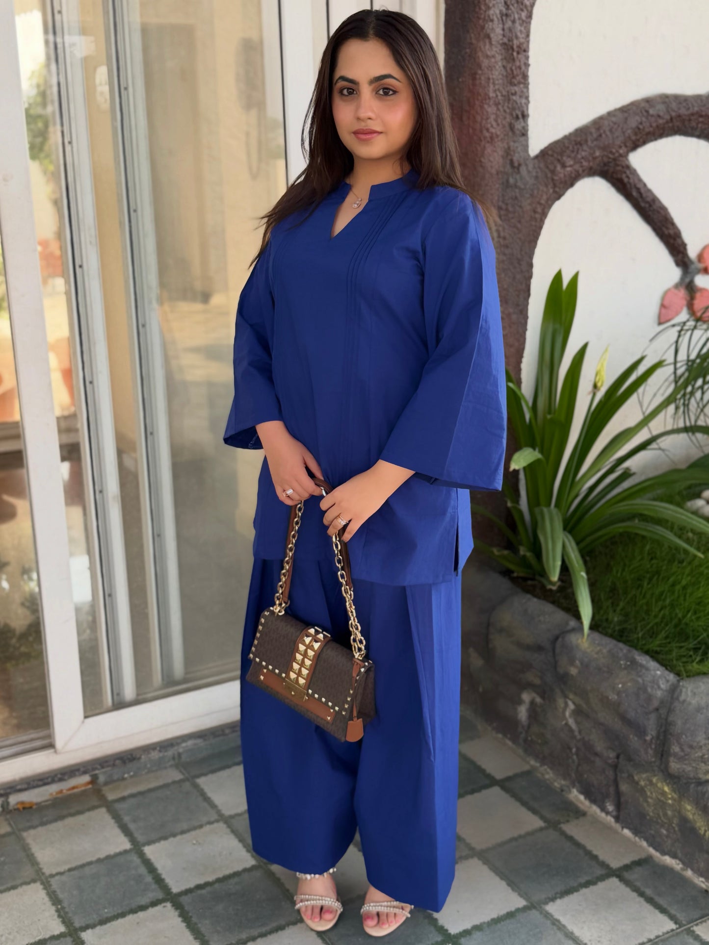 Deep Blue Collar Farsi Salwar Set With Pockets