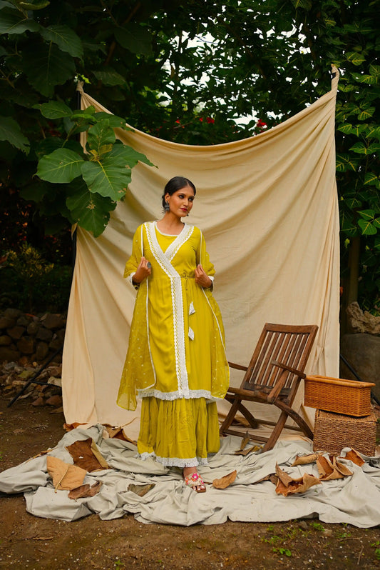 Yellow Anghrakha set with dupatta.