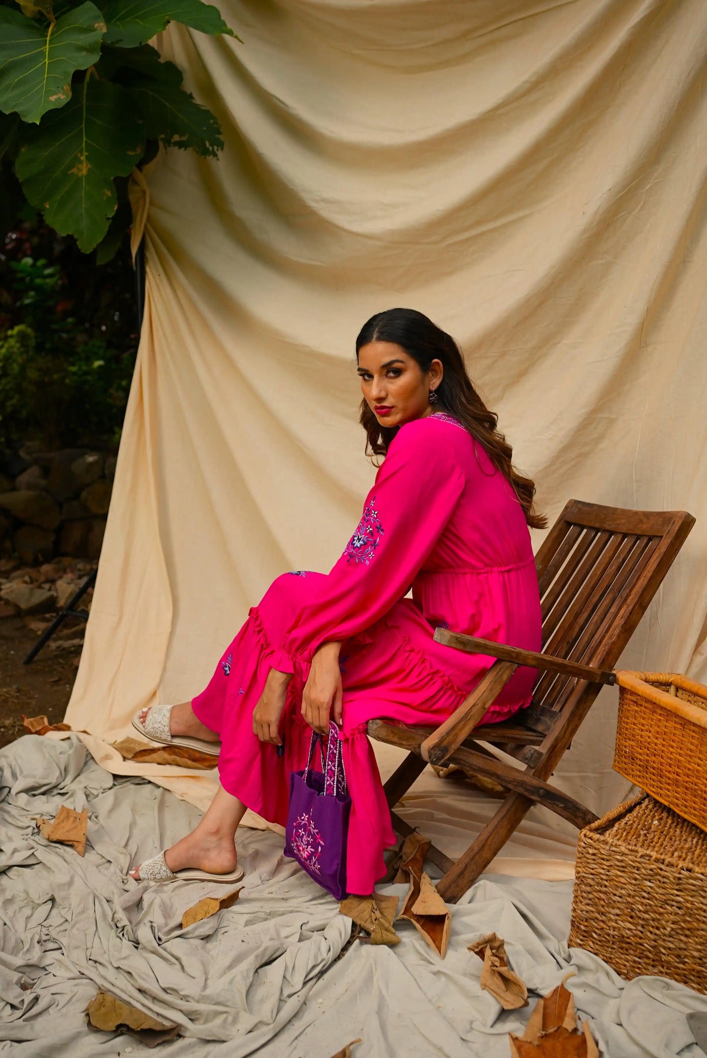 Ankle length embroidered Pink tiered dress