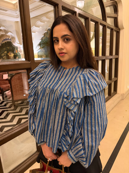 Blue Frill detailed cotton blouse