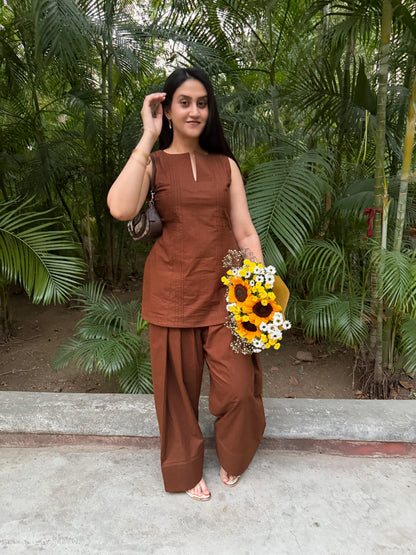 Espresso Brown Sleeveless Farsi Salwar Set With Pockets