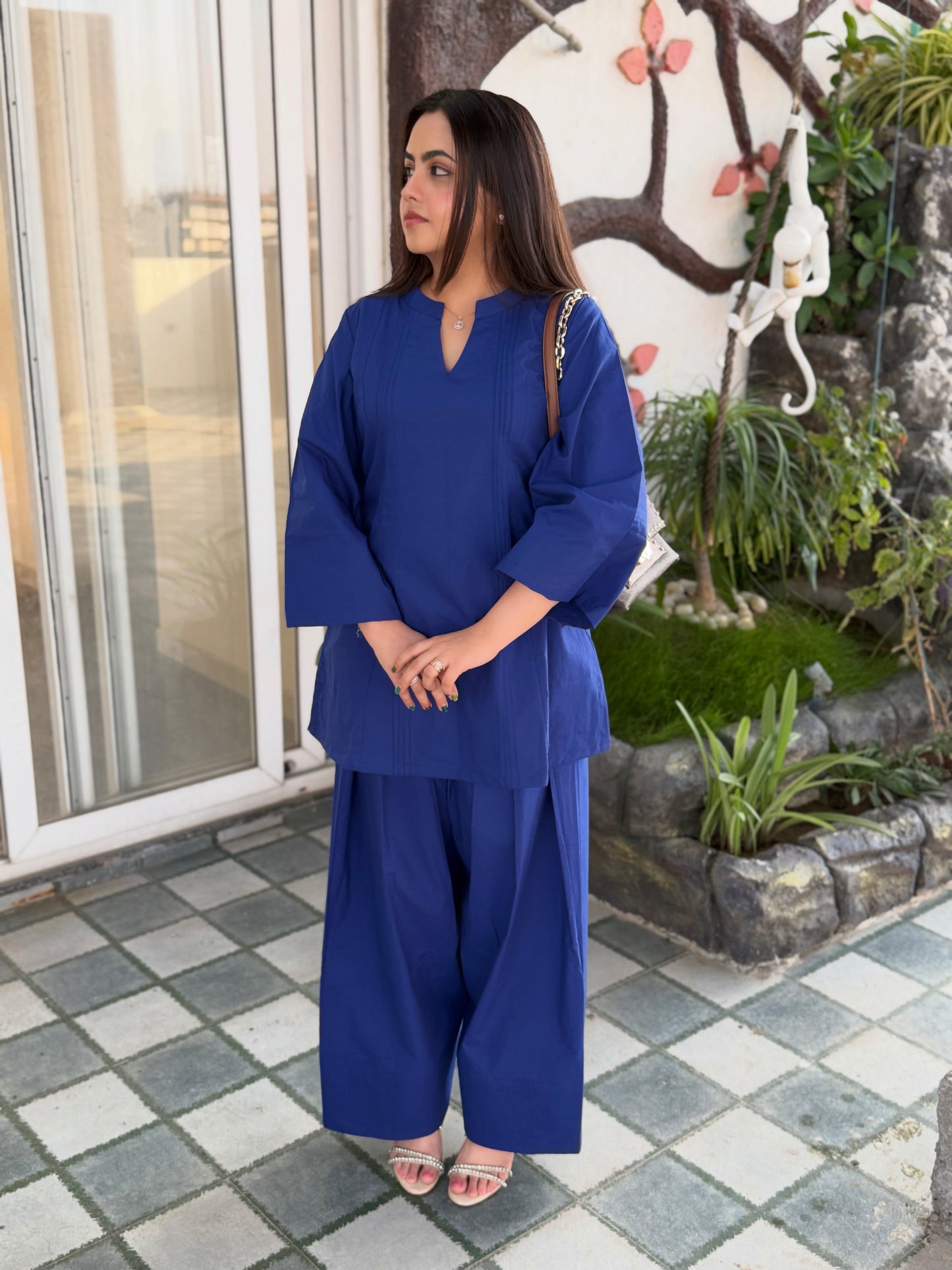 Deep Blue Collar Farsi Salwar Set With Pockets
