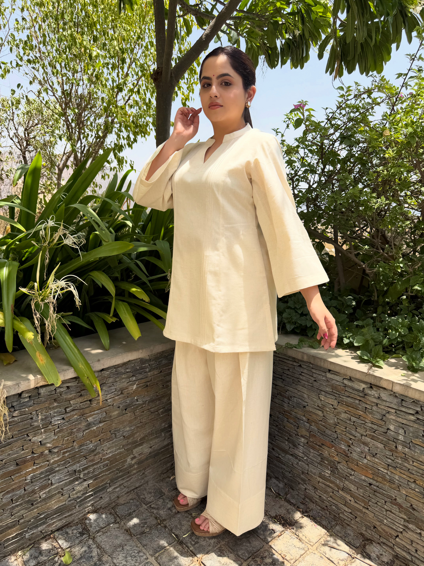 Off White Collar Farsi Salwar Set With Pocket