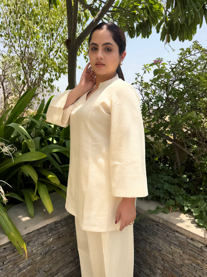 Off White Collar Farsi Salwar Set With Pocket