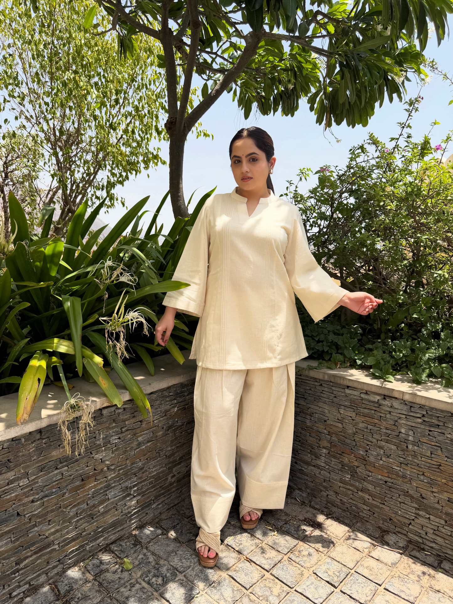 Off White Collar Farsi Salwar Set With Pocket