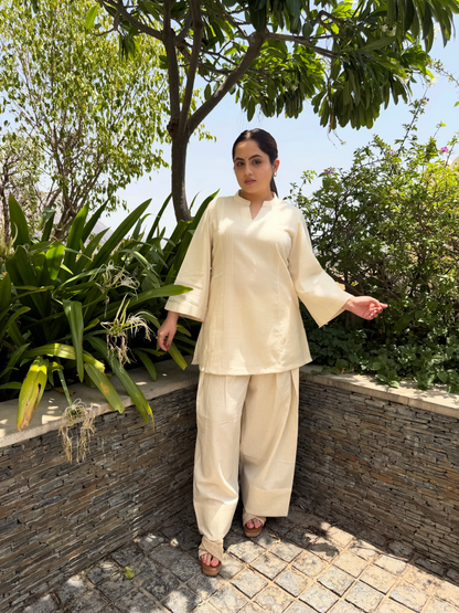 Off White Collar Farsi Salwar Set With Pocket