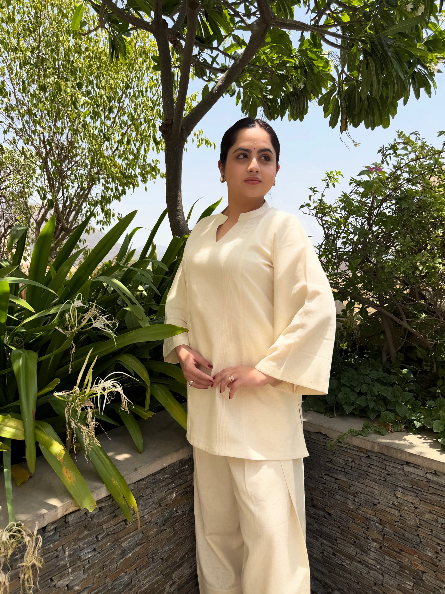 Off White Collar Farsi Salwar Set With Pocket
