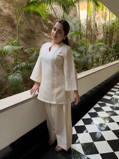 Off White Collar Farsi Salwar Set With Pocket