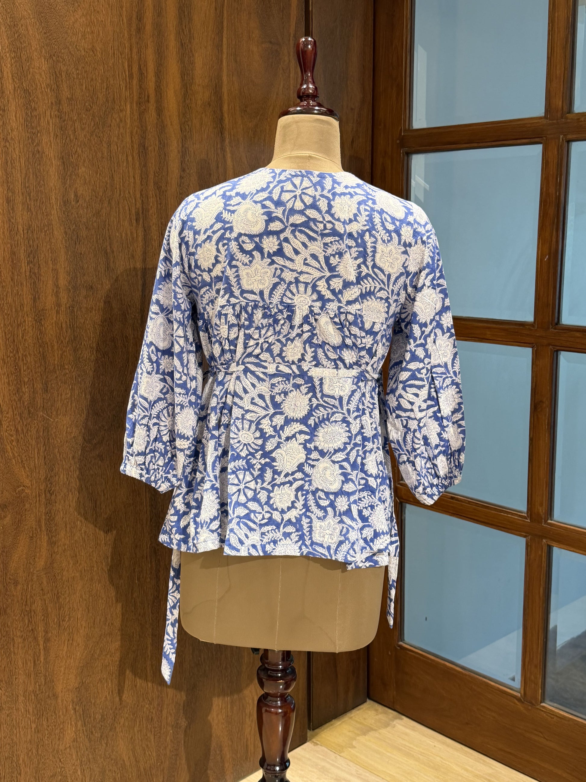 Women's blue and white block print cotton peplum top with round neck