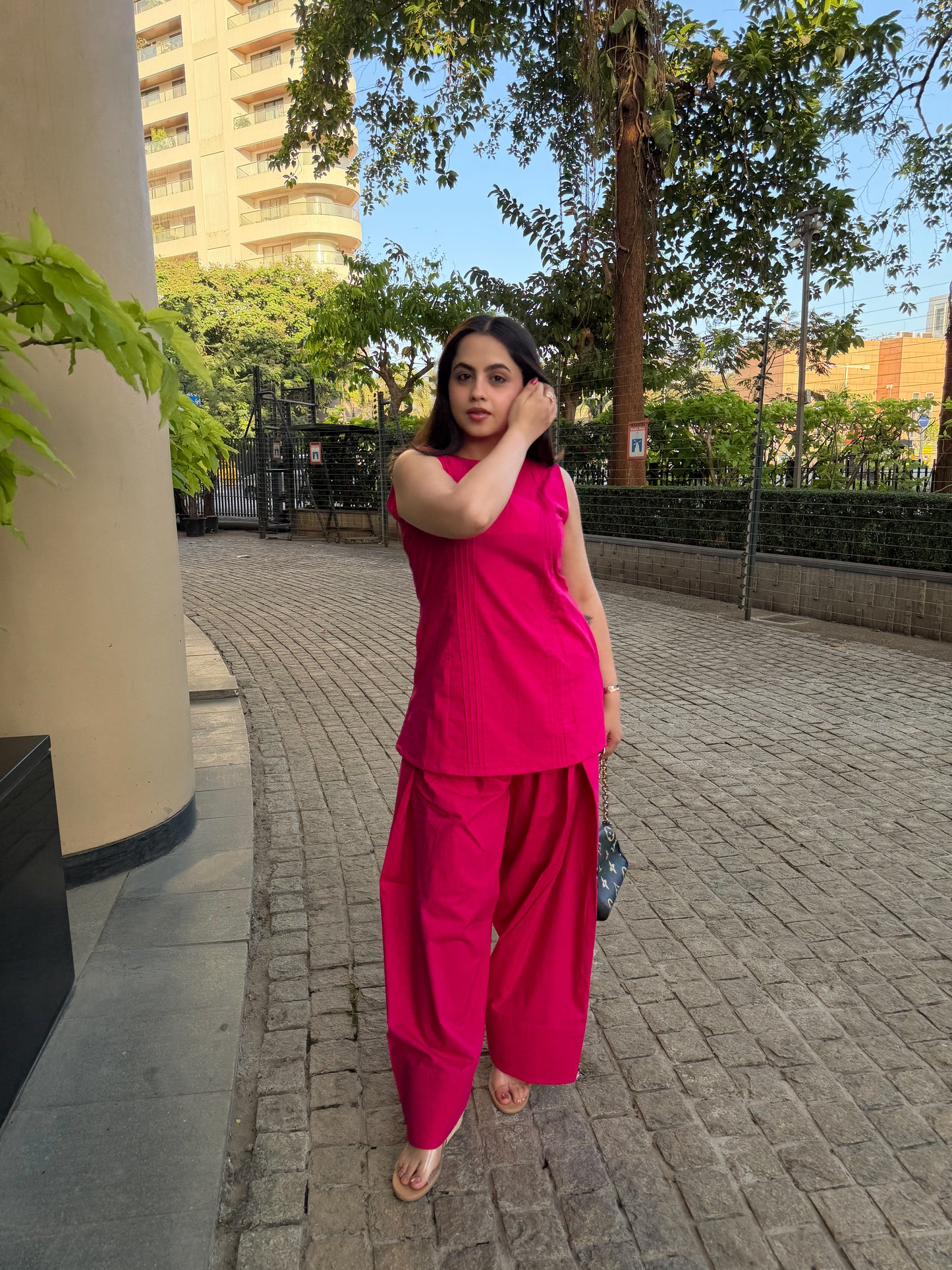 Rani Pink Sleeveless Farsi Salwar Set With Pockets