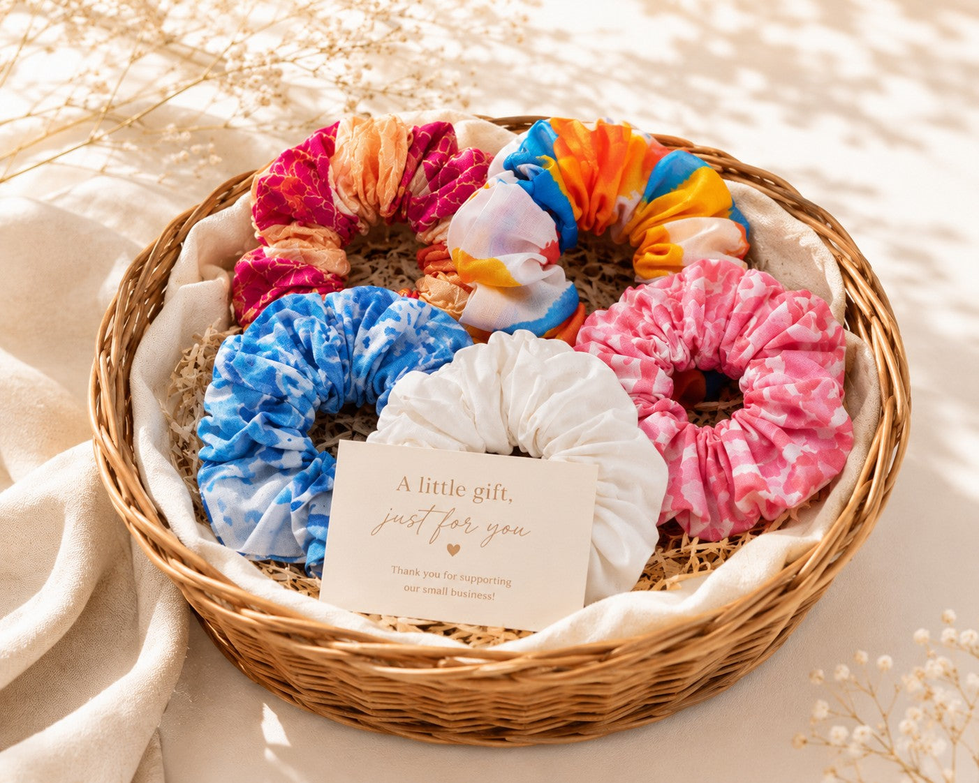 Basket of colorful scrunchies with a card on a light background