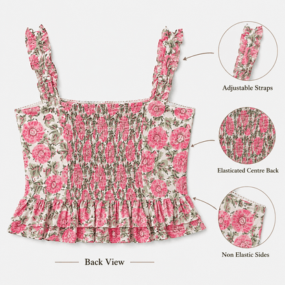 Back view of women's pink floral peplum crop top highlighting adjustable straps, elasticated centre back and non-elastic side panels.