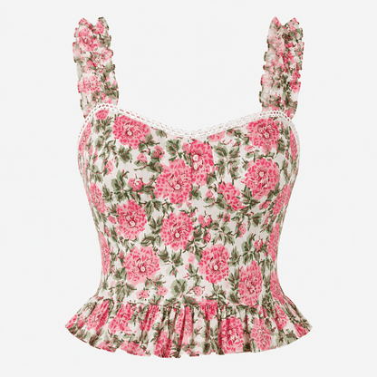 Women's pink floral peplum crop top front view with adjustable straps and frill hem.