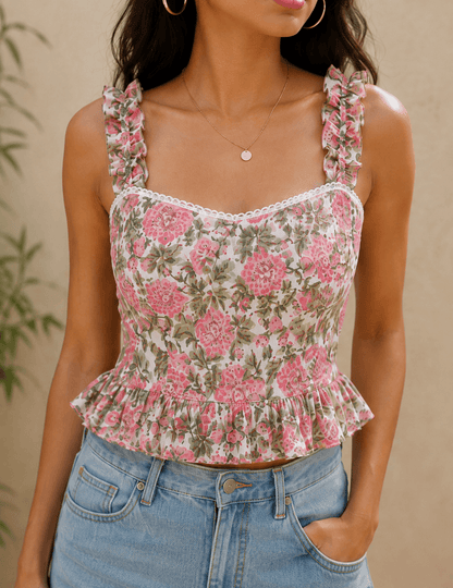 Model wearing women's pink floral peplum crop top with adjustable straps and frill hem.